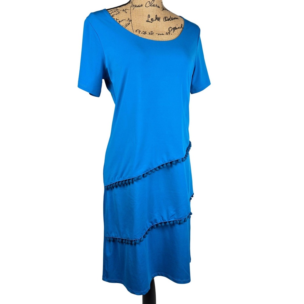 Sunny Leigh Women's Blue Casual T-Shirt Dress Pom Pom Tiered Size M